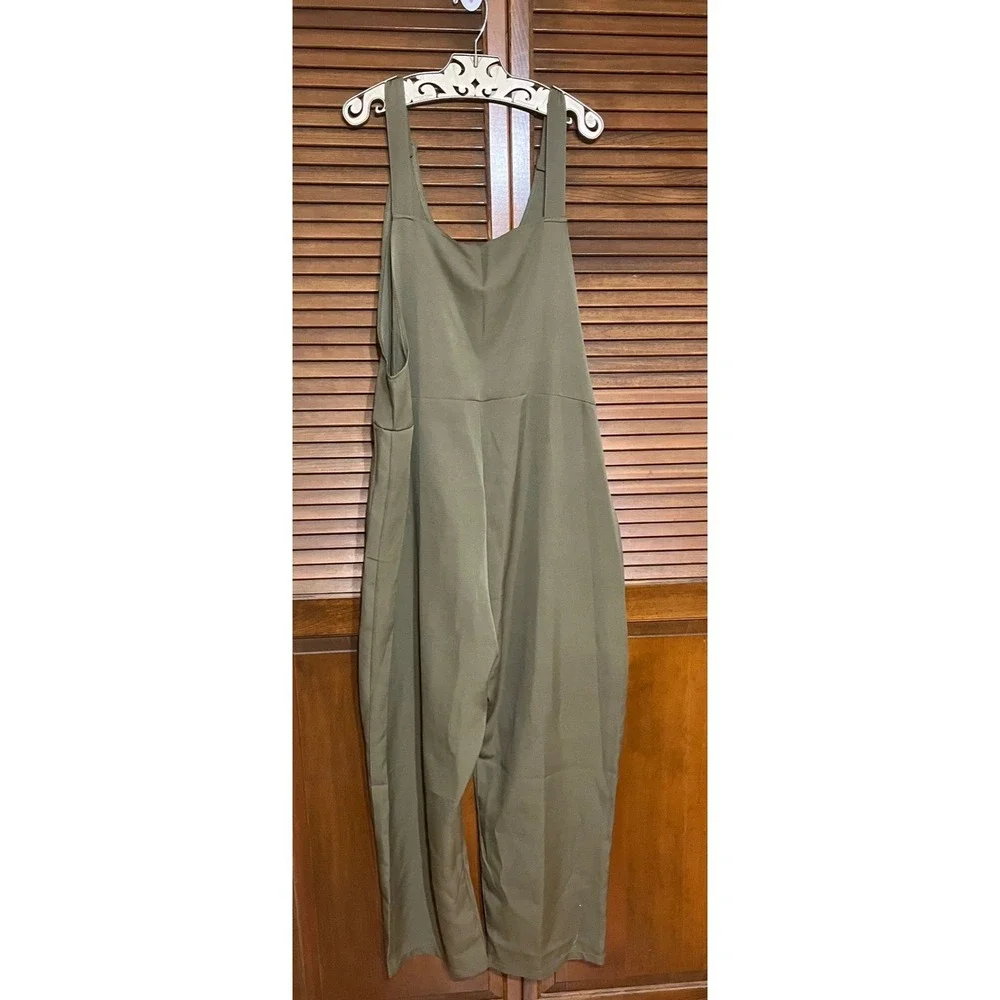 Womens Olive Green Wide Leg Overalls Jumpsuit 2X Cotton Blend Square Neck Pocket - Picture 2 of 8